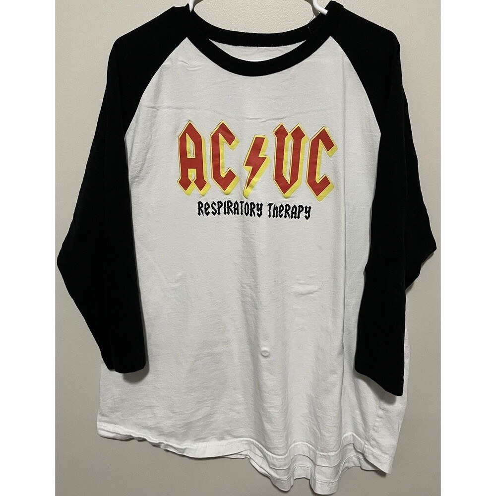 white and black AC/DC "Respiratory Therapy" baseball t-shirt Size XL